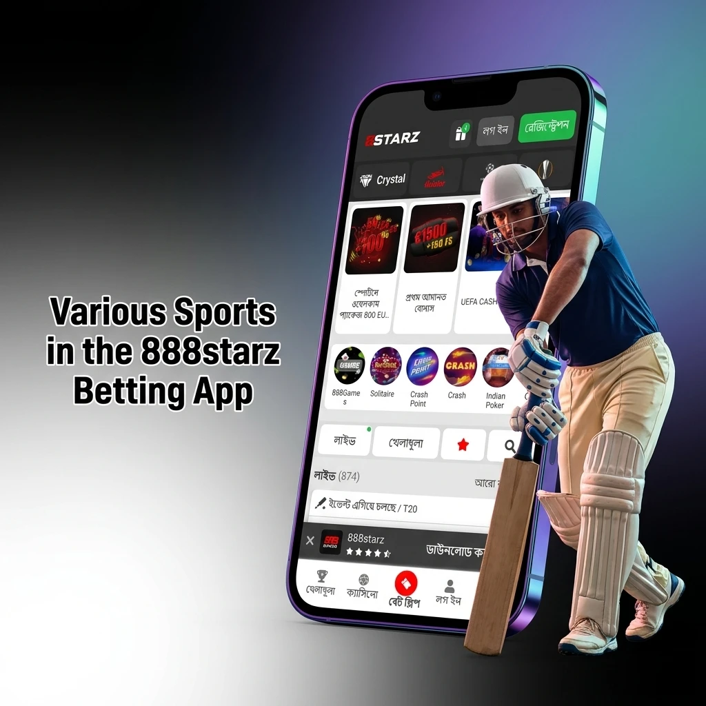 888starz betting app displaying various sports disciplines including football, cricket, basketball, tennis, and esports for Bangladesh users